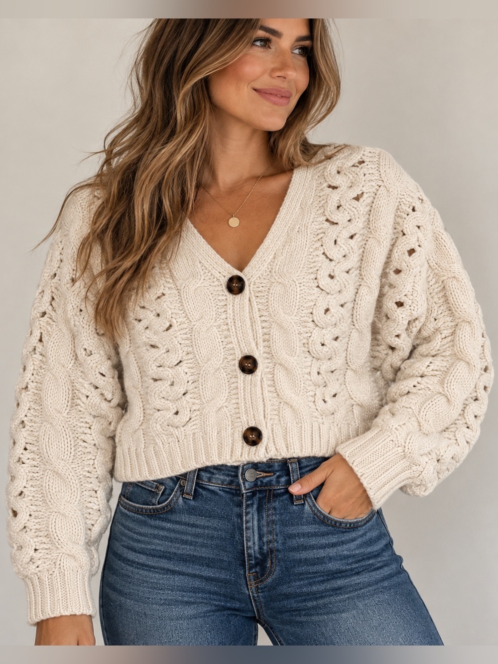 Industry Cable Knit Cropped Cardigan Women’s Medium Cream Chunky Button Front